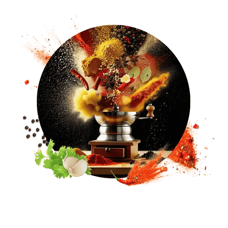 A grinder on a table blasts blended masalas & spices