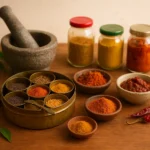 Authentic Indian spices in bowls, Jars & Spice box