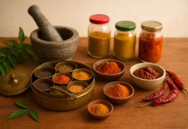 Authentic Indian spices in bowls, Jars & Spice box Authentic Indian spices in bowls, Jars & Spice box