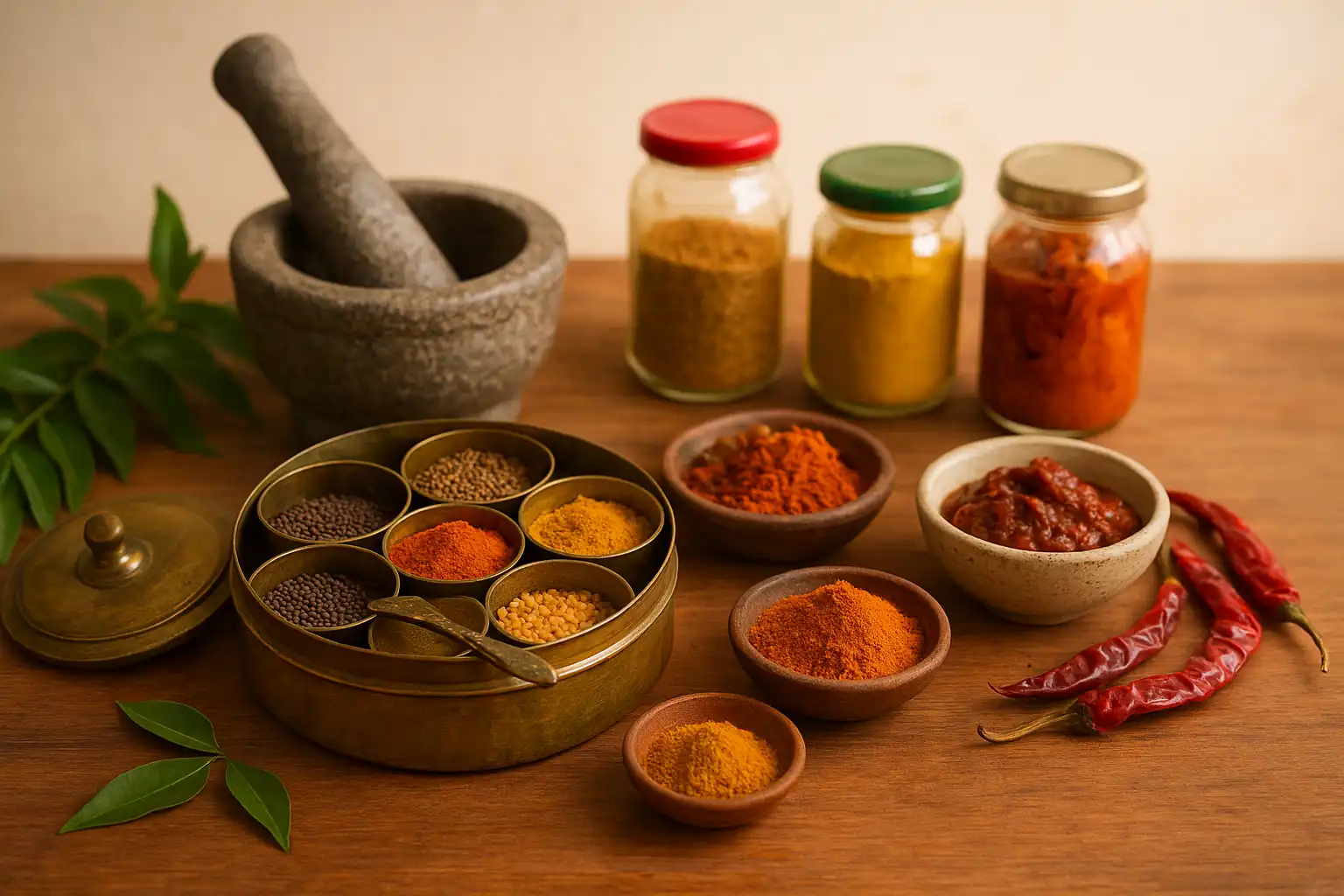 Authentic Indian spices in bowls, Jars & Spice box