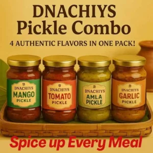 Classic Pickle Combo with stack of pickle jars containing DNachiys Mango, Tomato, Amla & Garlic pickles
