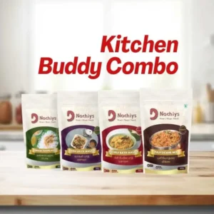 Kitchen Buddy Combo containing DNachiys Annam Pappu Podi, Vangi Bath Masala, Bisi Bele Bath Masala & Puliyogare Mix