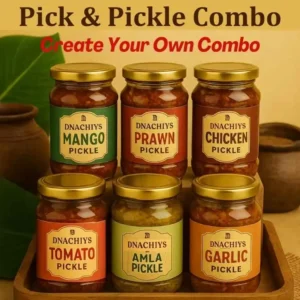 Pick & Pickle Combo with stack of pickle jars containing DNachiys Mango, Prawn, Chicken, Tomato, Amla & Garlic pickles