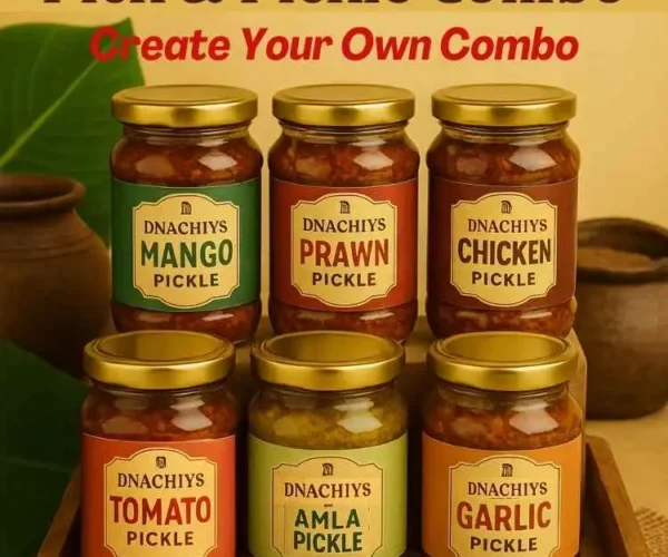 Pick & Pickle Combo with stack of pickle jars containing DNachiys Mango, Prawn, Chicken, Tomato, Amla & Garlic pickles Pick & Pickle Combo with stack of pickle jars containing DNachiys Mango, Prawn, Chicken, Tomato, Amla & Garlic pickles