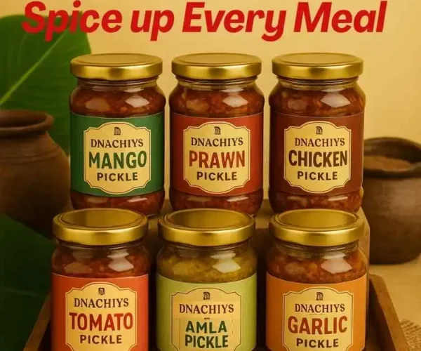 Signature Pickle Combo with stack of pickle jars containing DNachiys Mango, Prawn, Chicken, Tomato, Amla & Garlic pickles Signature Pickle Combo with stack of pickle jars containing DNachiys Mango, Prawn, Chicken, Tomato, Amla & Garlic pickles
