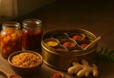 Authentic Indian spices in bowls, Jars & Spice box Authentic Indian spices in bowls, Jars & Spice box