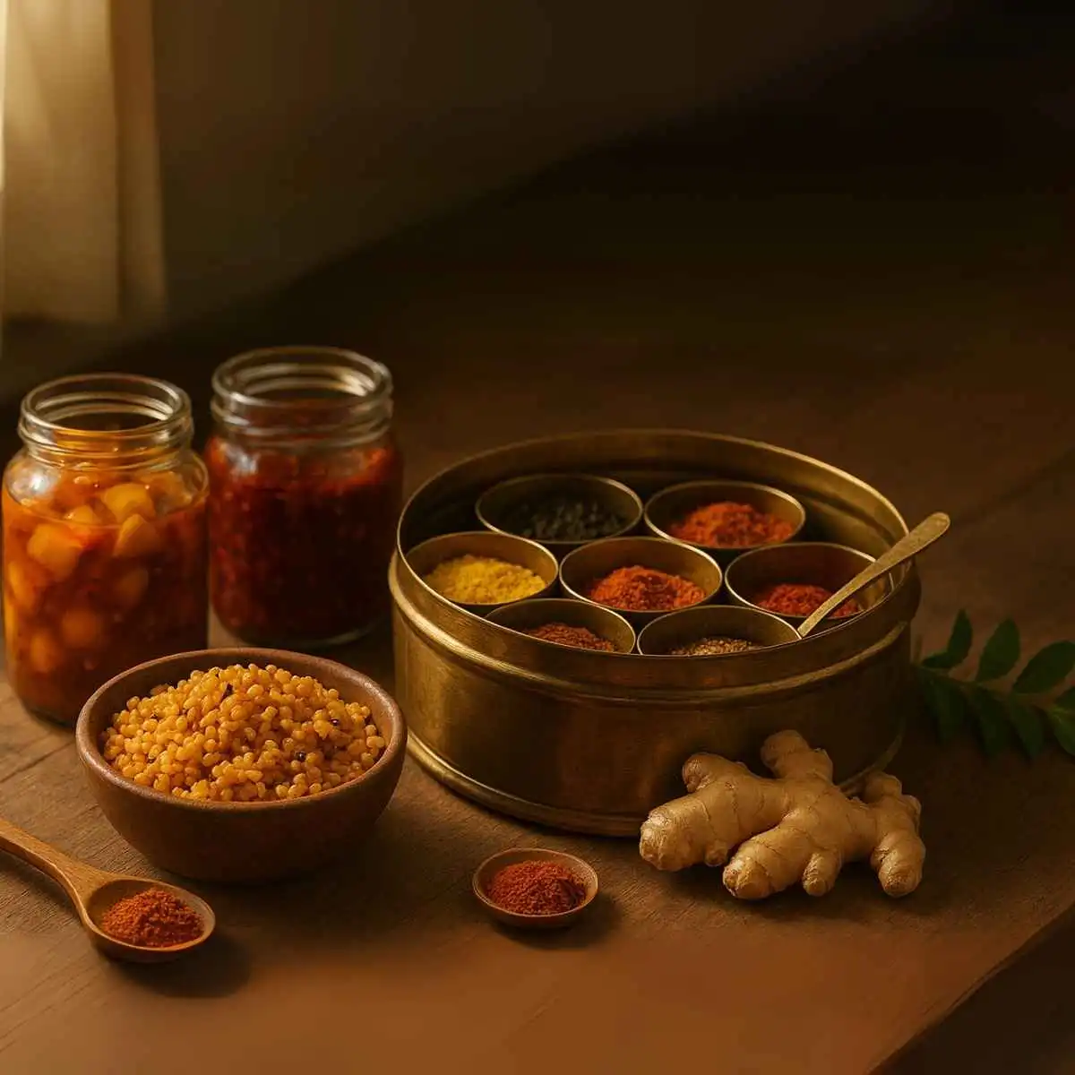 Authentic Indian spices in bowls, Jars & Spice box